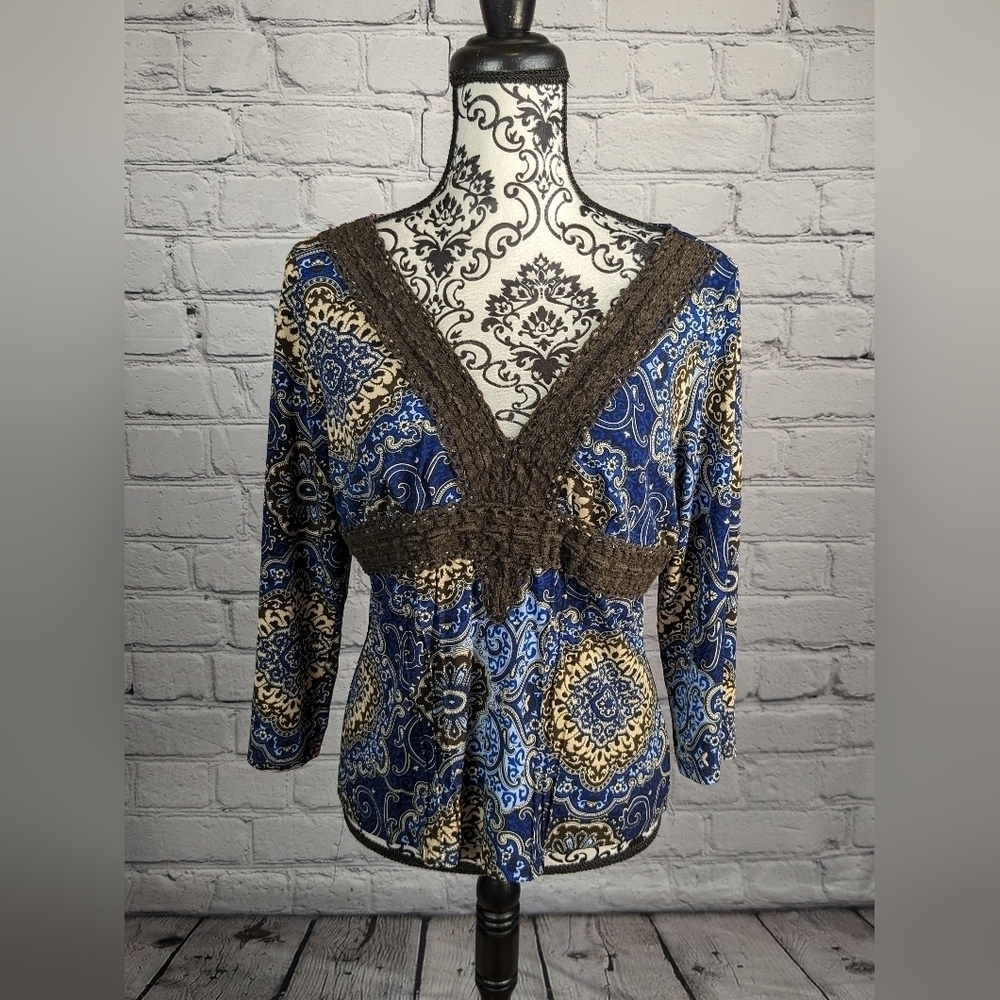 JTB Women's Stretch Knit Popover Size M Geometric Print Top Long Sleeve BBIN